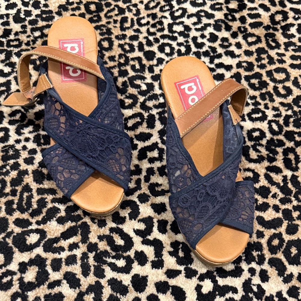 Pop Navy and Tan Lace Wedge Sandals